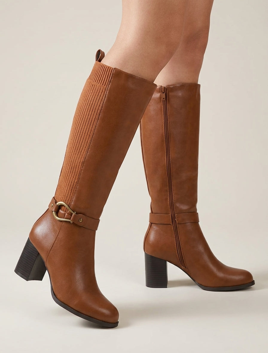 Einfarbige Stiefel aus zwei Materialien - Kamel