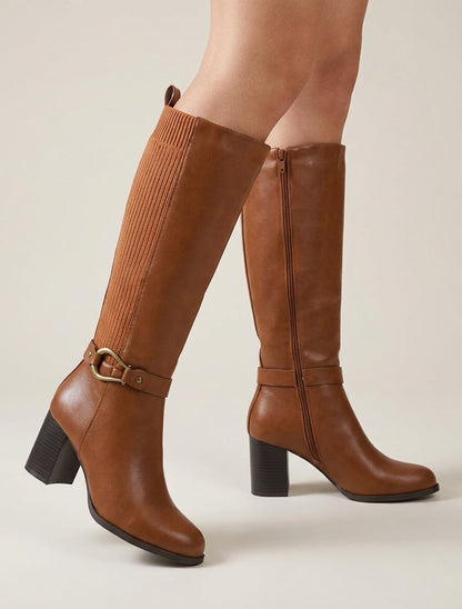Einfarbige Stiefel aus zwei Materialien - Kamel