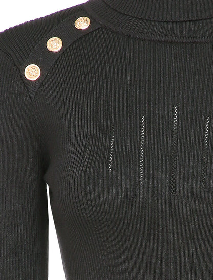 Pull côtelé à col roulé et boutons décoratifs - Noir - 3