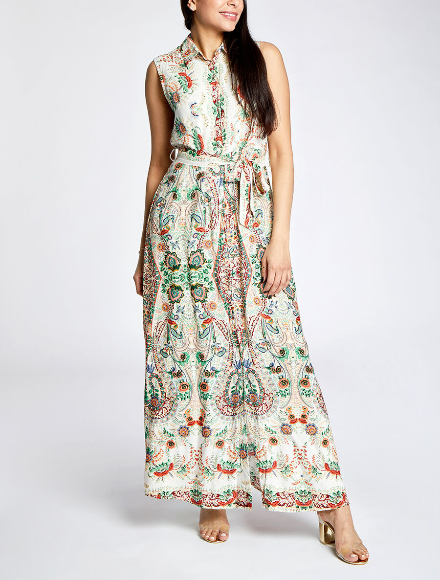 Robe chemise longue imprimé floral stylisé - Beige - 4