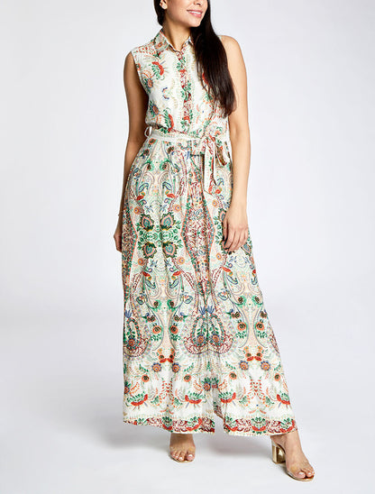 Robe chemise longue imprimé floral stylisé - Beige - 4