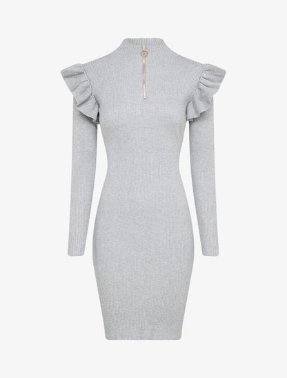Robe pull à col zippé et épaules volantées - Gris clair - 1
