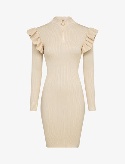 Robe pull à col zippé et épaules volantées - Beige - 1