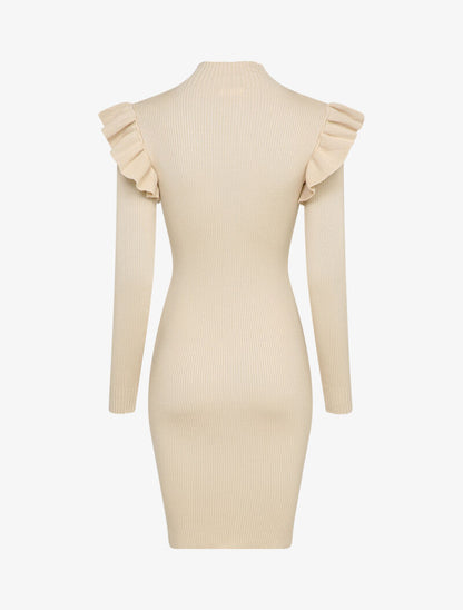 Robe pull à col zippé et épaules volantées - Beige - 2