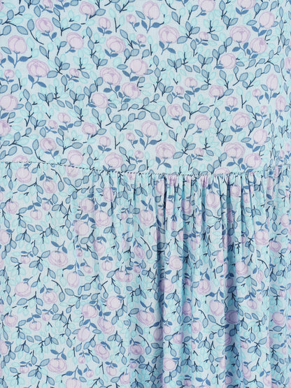 Robe longue à imprimé petites roses - Bleu ciel - 3
