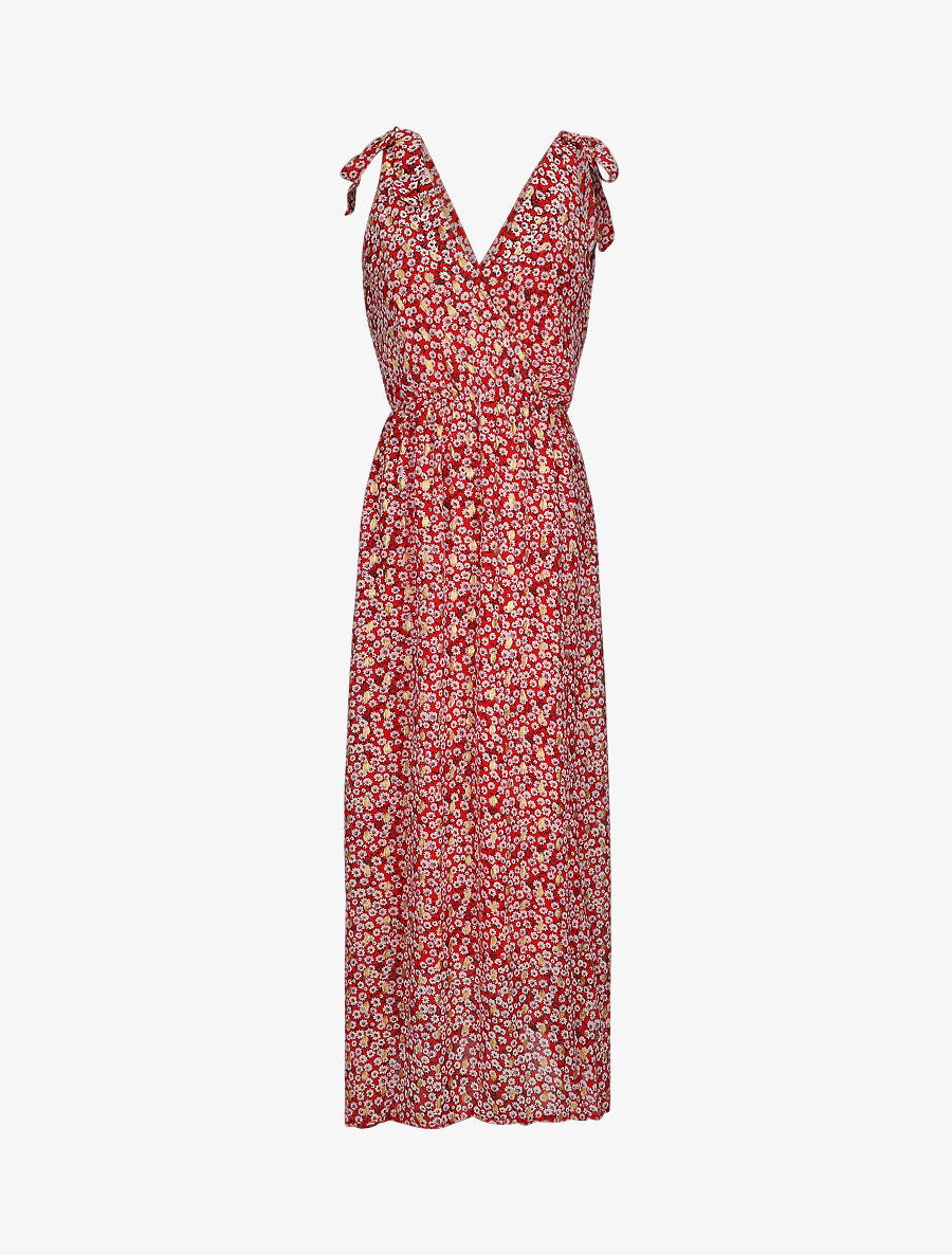 Robe bretelles à noeud imprimé marguerites - Rouge - 4