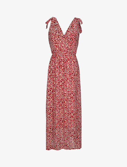 Robe bretelles à noeud imprimé marguerites - Rouge - 4