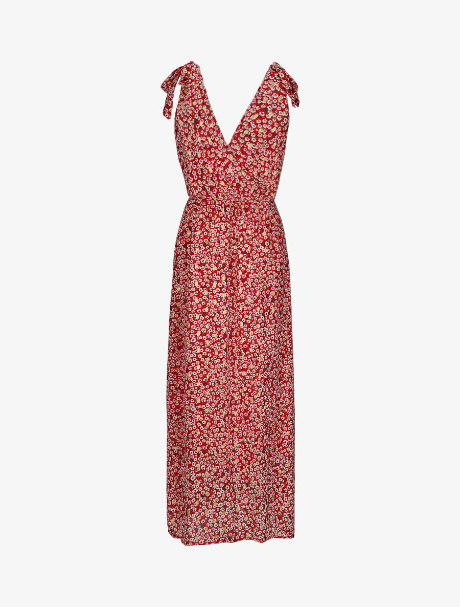 Robe bretelles à noeud imprimé marguerites - Rouge - 2