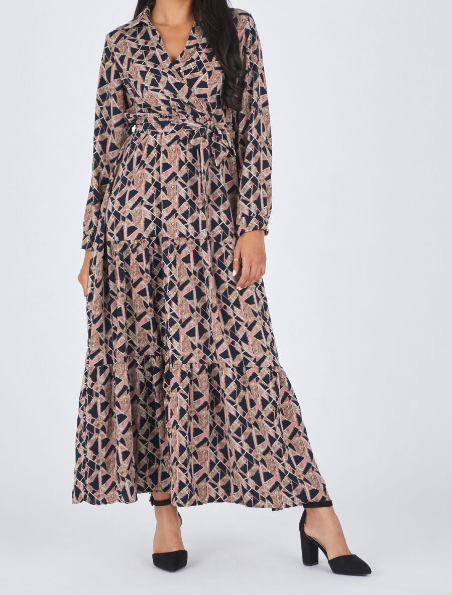Robe longue empire imprimé graphique - Noir - 4