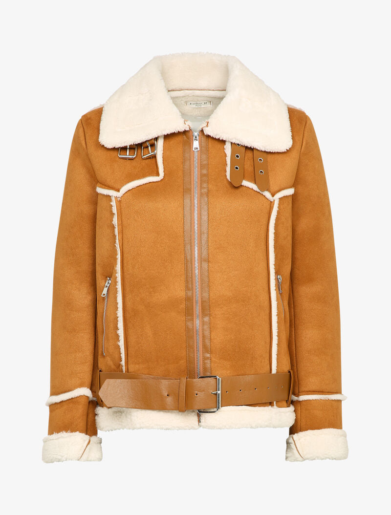 Veste style peau lainée en suédine - Camel - 1
