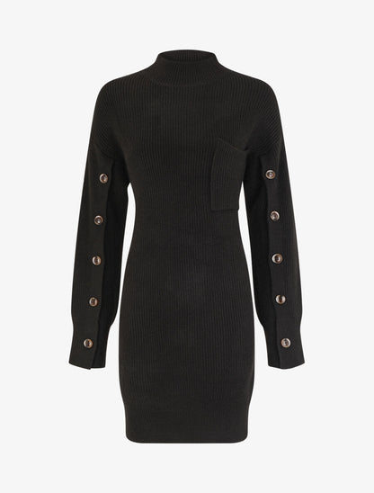 Robe pull à manches boutonnées - Noir - 1