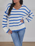 Pull ample rayé à col V - Bleu - 1