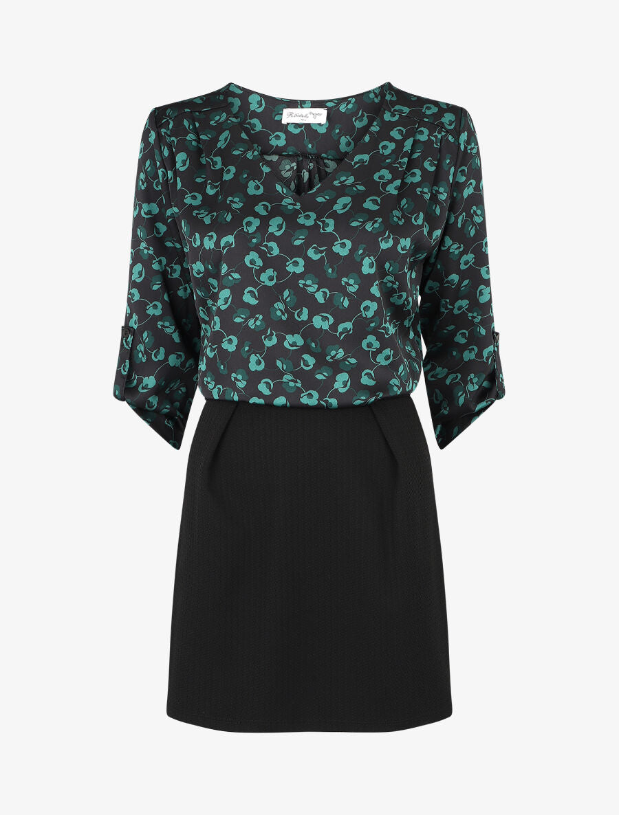 Robe droite à fleurs bi-matière - Vert - 5