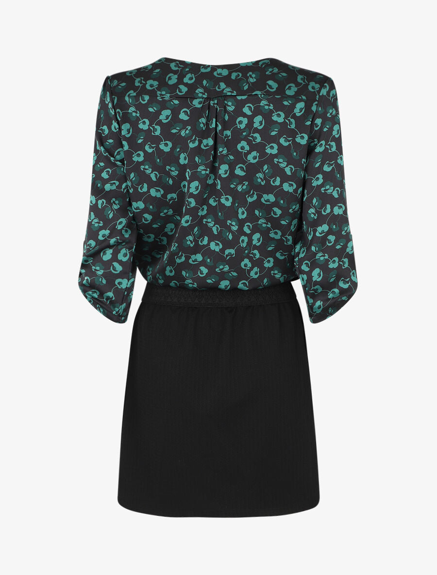 Robe droite à fleurs bi-matière - Vert - 2