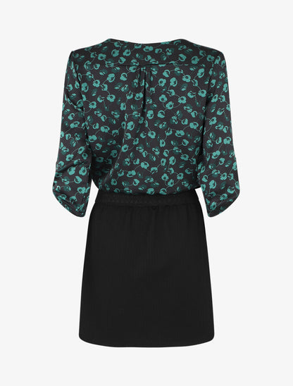 Robe droite à fleurs bi-matière - Vert - 2