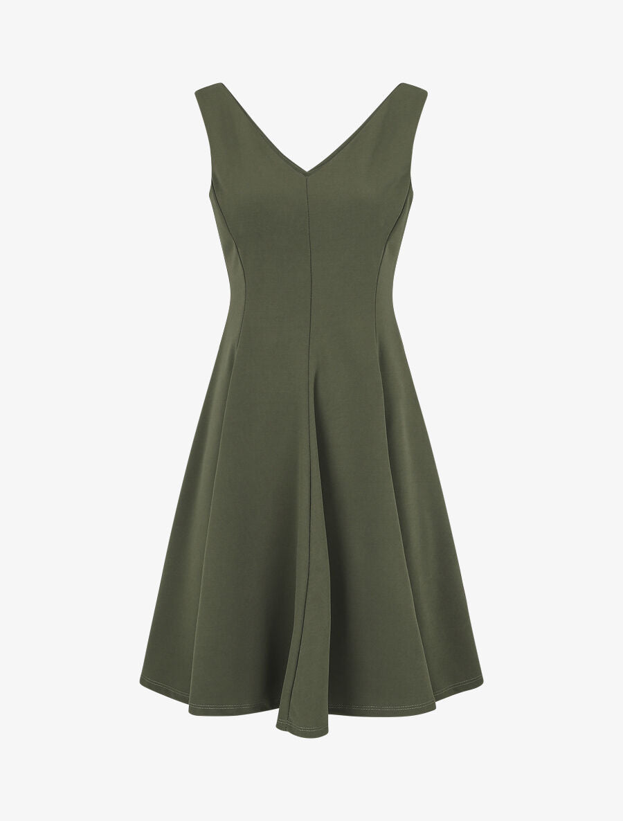 Robe patineuse unie à col V - Kaki - 1