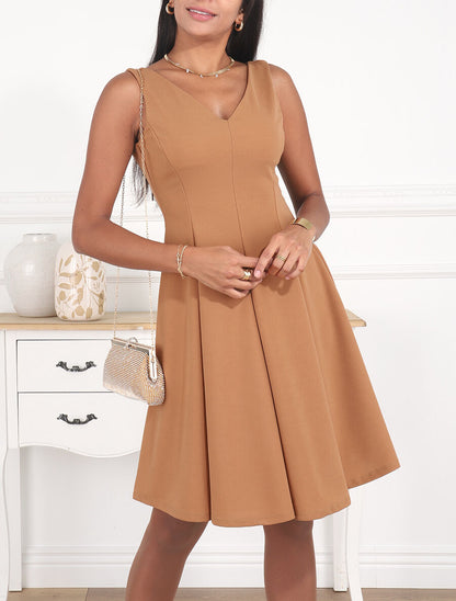 Robe patineuse unie à col V - Camel - 4