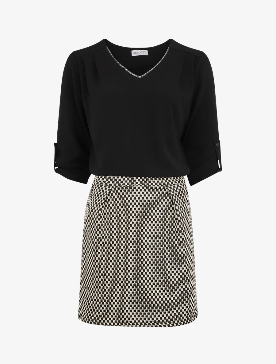Robe droite à motif damier - Noir/beige - 1