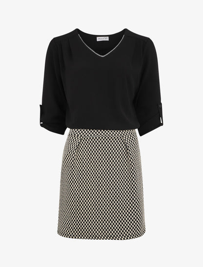Robe droite à motif damier - Noir/beige - 1