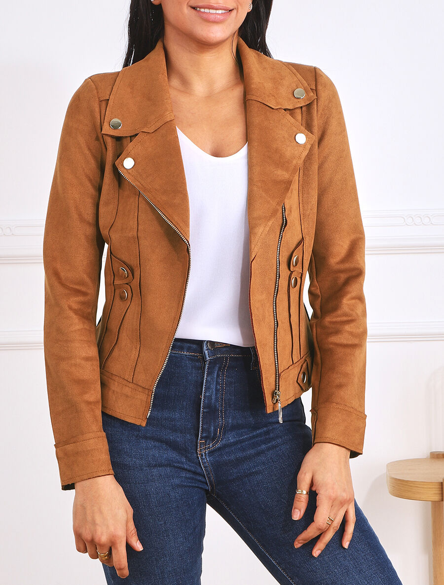 Veste en suédine style perfecto - Camel foncé - 4