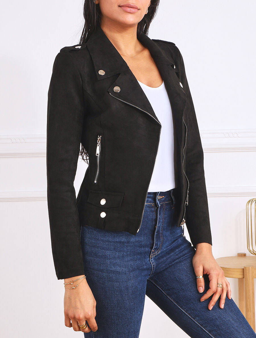 Veste en suédine style perfecto à zip - Noir - 4