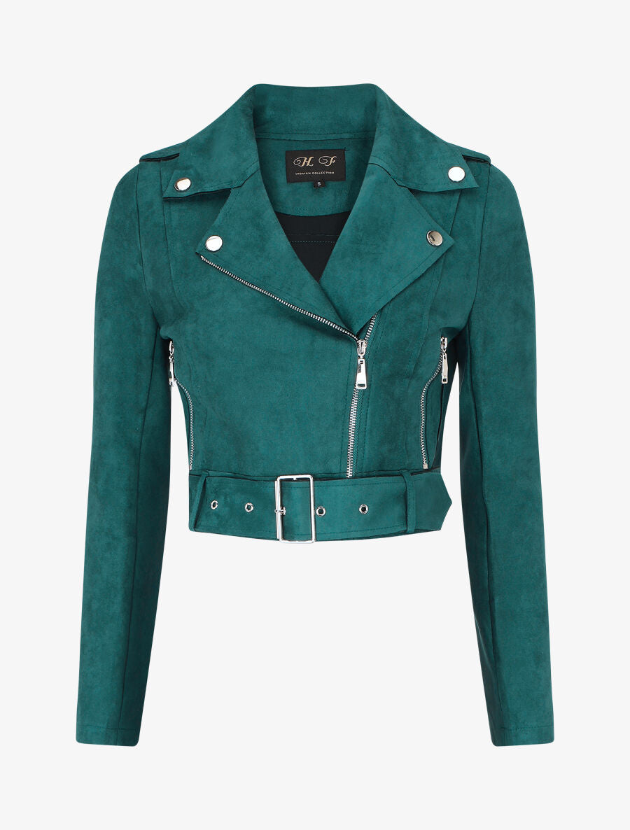 Veste courte en suédine style perfecto - Bleu canard - 1