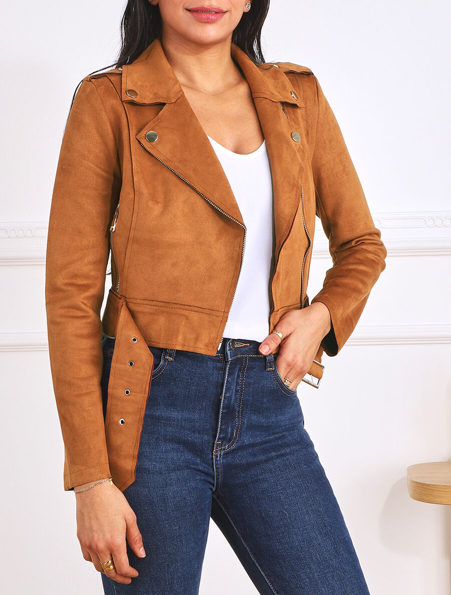 Veste courte en suédine style perfecto - Camel - 4