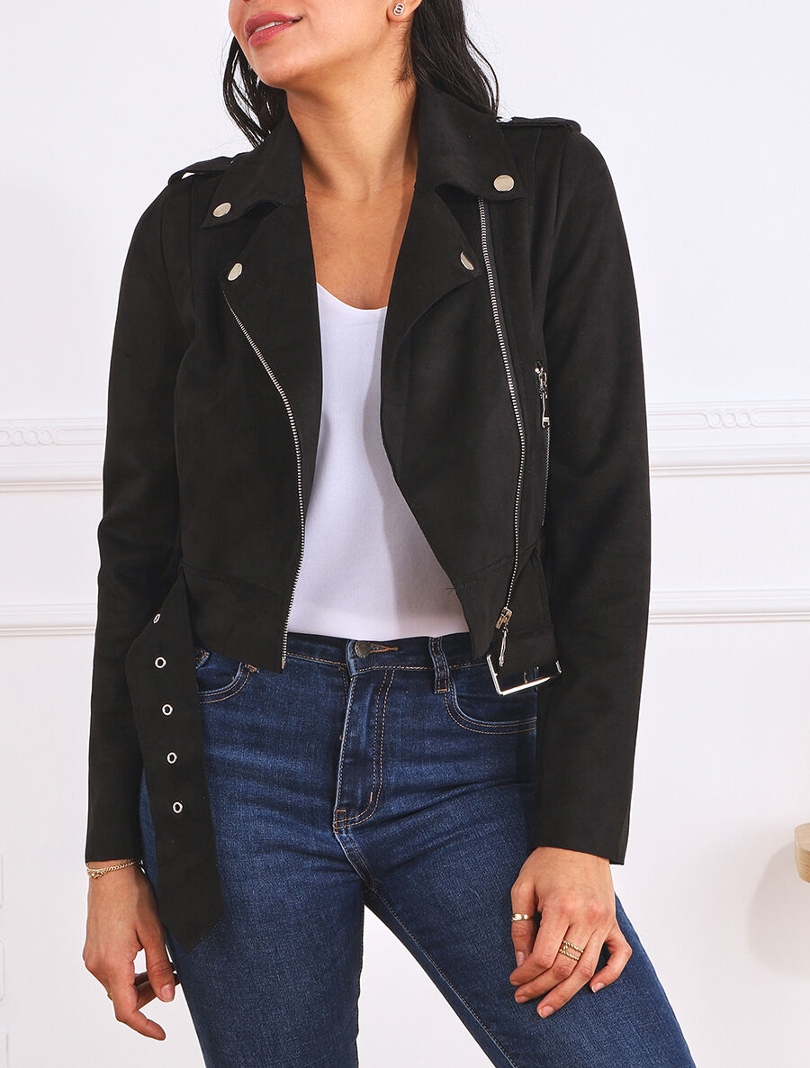 Veste courte en suédine style perfecto - Noir - 4
