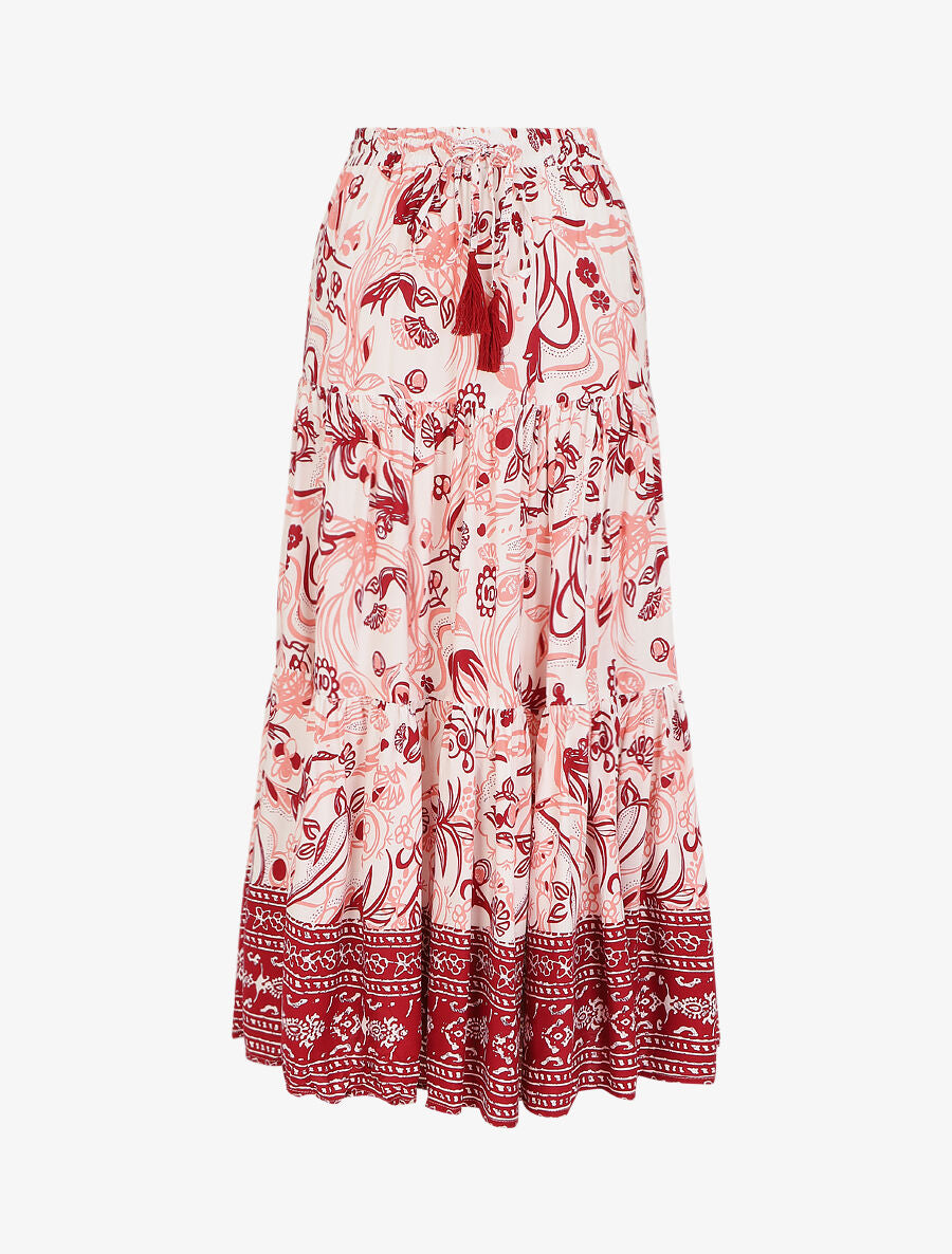 Jupe longue élastiquée imprimé fleuri - Rouge - 4