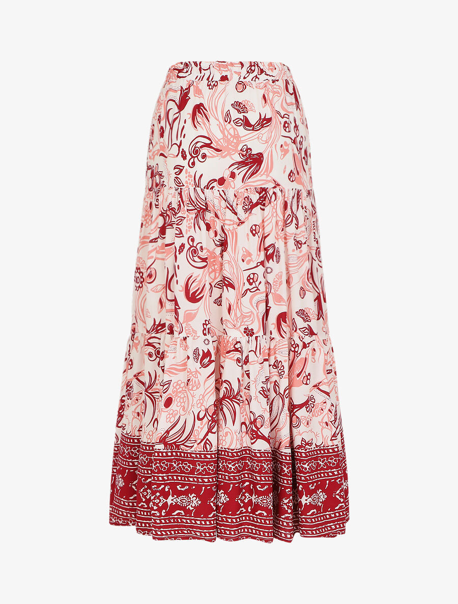 Jupe longue élastiquée imprimé fleuri - Rouge - 2