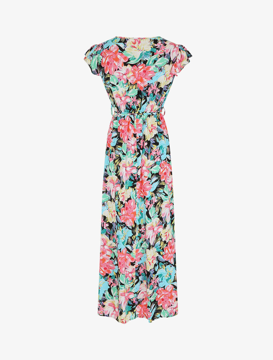 Robe longue fleurie à manches volantées - Noir - 5