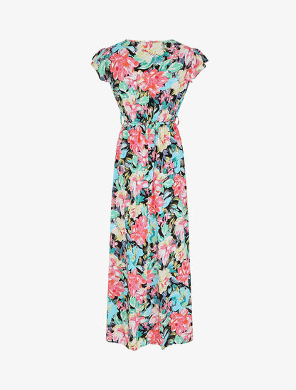 Robe longue fleurie à manches volantées - Noir - 5