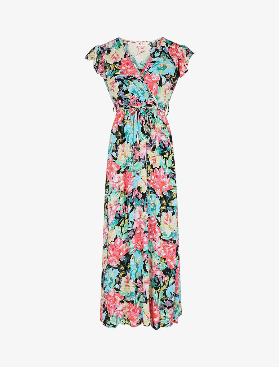 Robe longue fleurie à manches volantées - Noir - 1