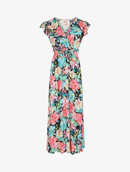 Robe longue fleurie à manches volantées - Noir - 1