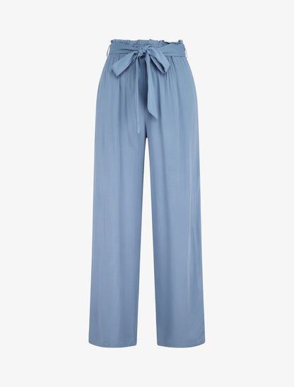 Pantalon droit uni taille haute élastiquée - Bleu - 1