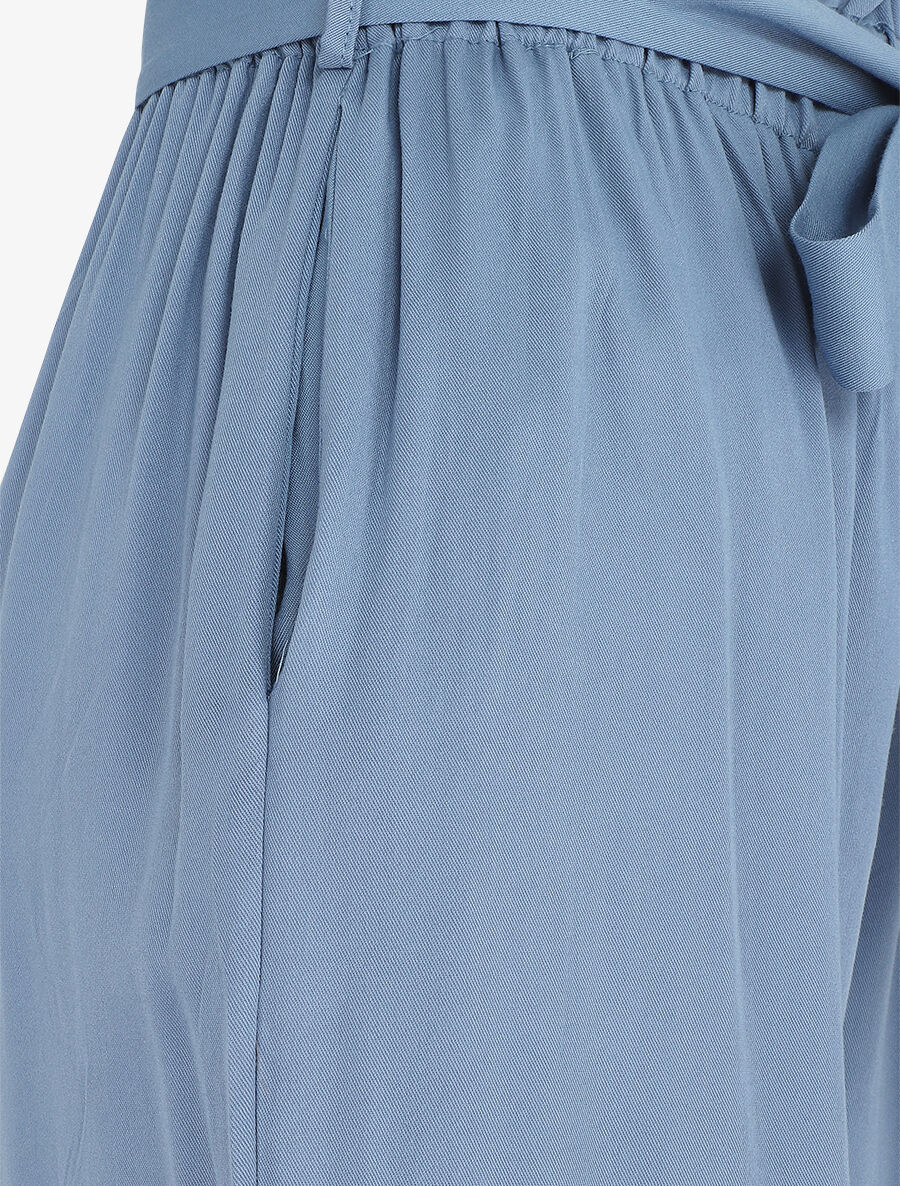 Pantalon droit uni taille haute élastiquée - Bleu - 3