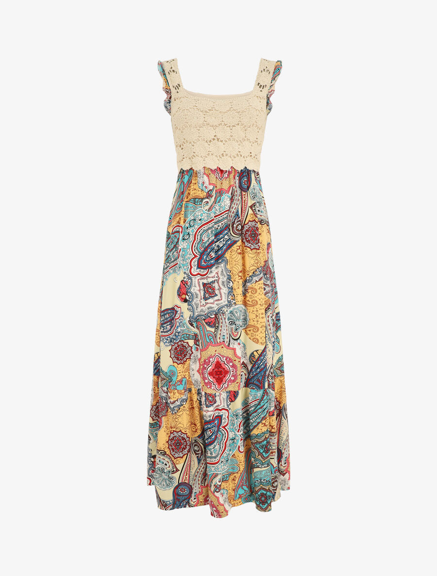 Robe longue imprimé foulard et broderie fluide - Kaki - 5
