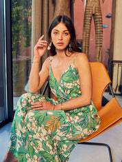 Robe longue élastiquée à imprimé feuillage - Vert - 1