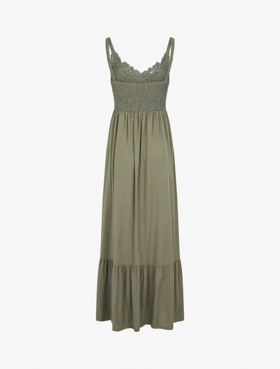 Robe longue à bretelles et col en dentelle - Kaki - 2