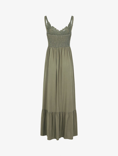 Robe longue à bretelles et col en dentelle - Kaki - 2