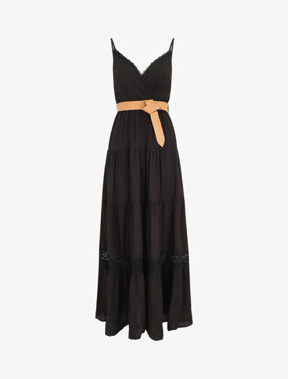 Robe longue unie coupe empire - Noir - 1