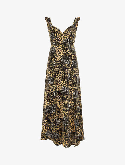 Robe longue léopard évasée bretelles volantées - Noir - 1