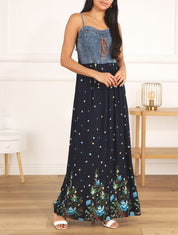 Robe longue bi-matière imprimé floral - Marine - 1