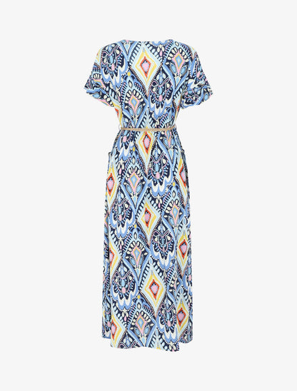 Robe longue droite manches courtes imprimé aztèque - Bleu - 2