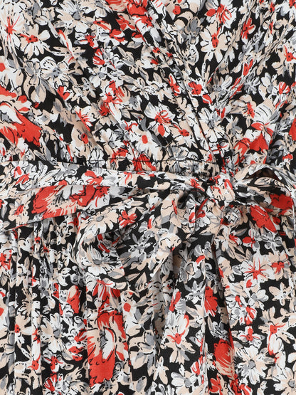 Robe longue à fleurs et fente - Noir - 3