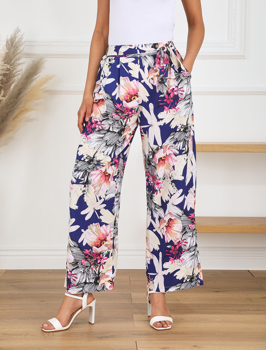 Pantalon ample motif fleurs fantaisies - Marine - 4