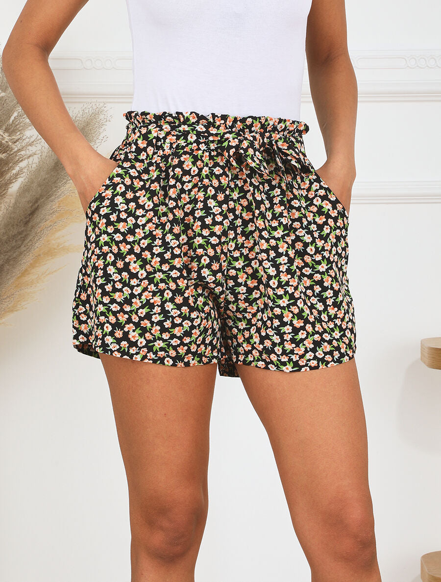 Short taille haute imprimé fleurs - Noir - 4