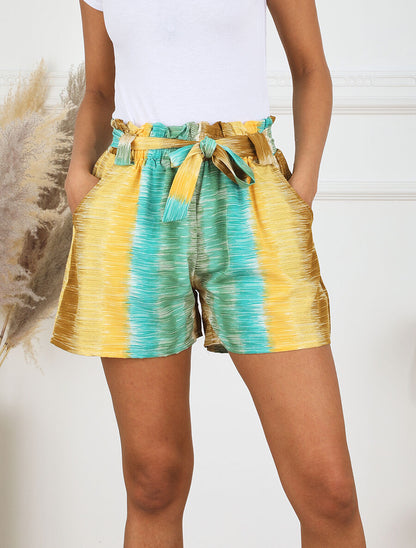 Short droit taille haute motif rayures fantaisies - Jaune/vert - 4