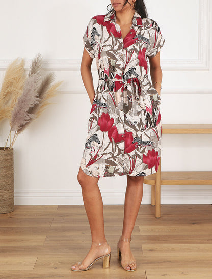 Robe chemise à imprimé animaux et fleurs - Kaki - 4