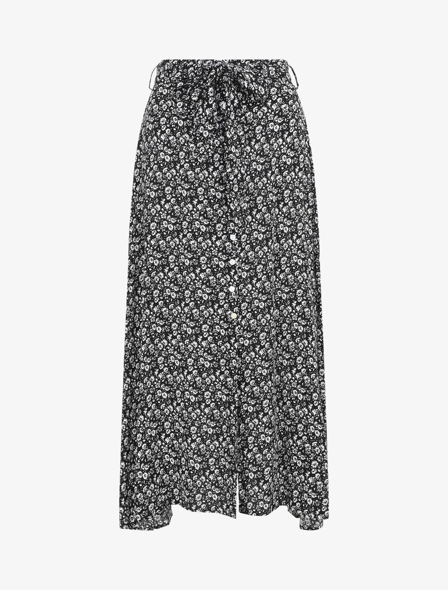 Jupe longue à taille élastiquée imprimé fleuri - Noir - 1